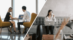 A split image of a woman working from home and two people working in a flexible office environment.